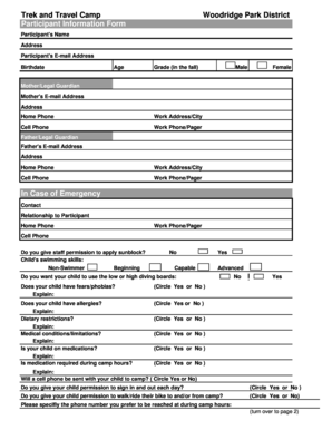 Trek and Travel Camp Participant Information Form
