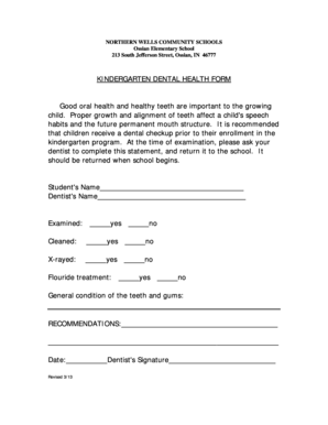 Kindergarten Dental Health Form