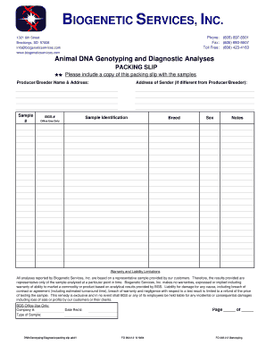 Animal DNA Genotyping Packing Slip