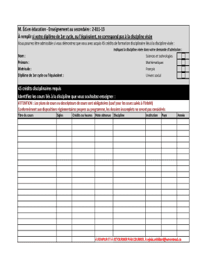 Formulaire de discipline pour l'enseignement au secondaire