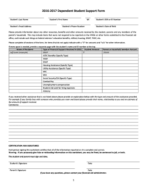 2016-2017 Dependent Student Support Form