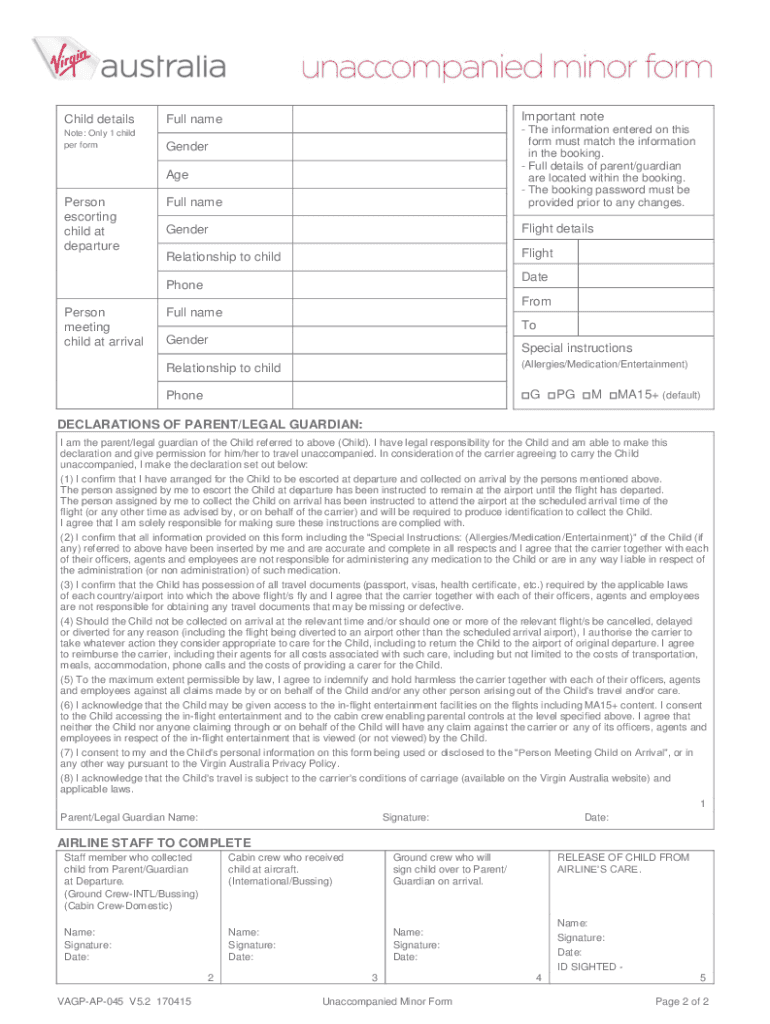 unaccompanied minor form Preview on Page 1