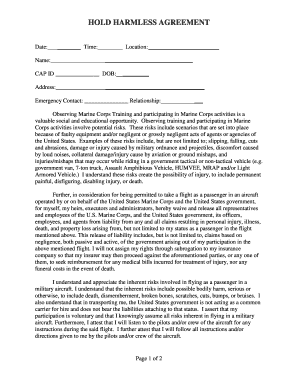 US Marine Corps Hold Harmless Agreement
