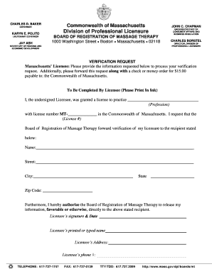 Massachusetts Massage Therapy License Verification Request