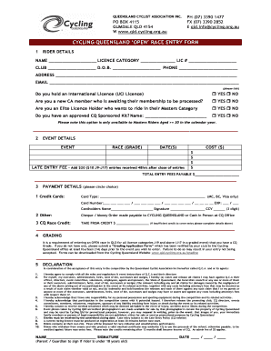 Cycling Queensland Open Race Entry Form