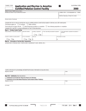 California Form FTB 3580 Application and Election to Amortize Certified Pollution Control Facility
