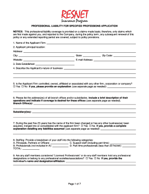 Professional Liability Application for Specified Professions
