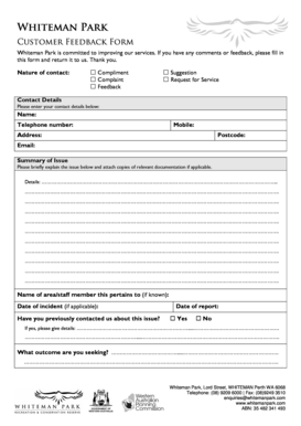Whiteman Park Customer Feedback Form