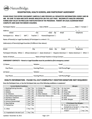 NatureBridge Registration, Health Screen, and Participant Agreement