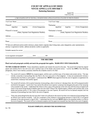 Ohio Court of Appeals Docketing Statement