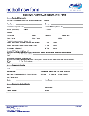 Netball NSW Individual Participant Registration Form