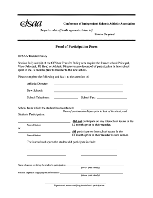 OFSAA Transfer Policy Proof of Participation Form