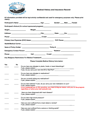 Medical History and Insurance Record Form