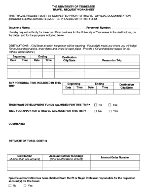 University of Tennessee Travel Request Worksheet
