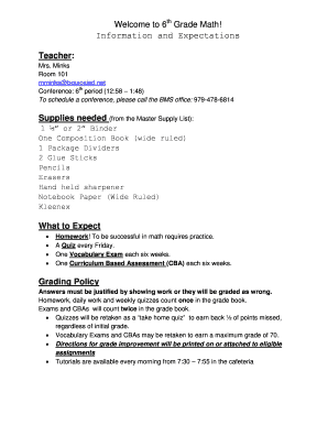 6th Grade Math Information and Expectations