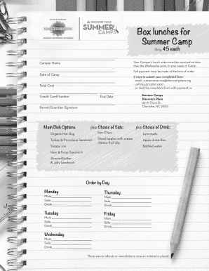 Summer Camp Lunch Order Form