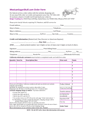 Mexican Sugar Skull Order Form