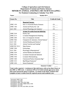 College of Agriculture and Life Sciences Department of Animal and Poultry Sciences MINOR IN ANIMAL AND POULTRY SCIENCES (APSC) For Students Graduating in Calendar Year 2016 Name: Course No - apsc vt