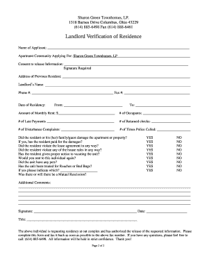 Landlord Verification of Residence Form