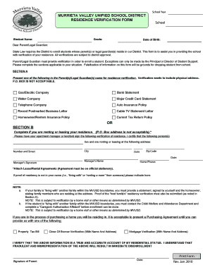 Murrieta Valley Unified School District Residence Verification Form