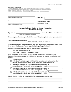 Landlord's Sworn Motion for Writ of Possession & Notice of Hearing
