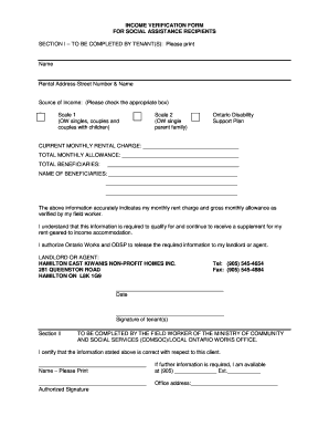 Income Verification Form for Social Assistance Recipients