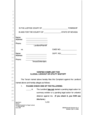 Nevada Tenant Verified Complaint for Illegal Lockout or Utility Shutoff