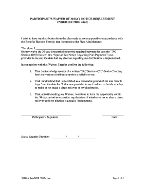 Participant's Waiver of 30-Day Notice Requirement