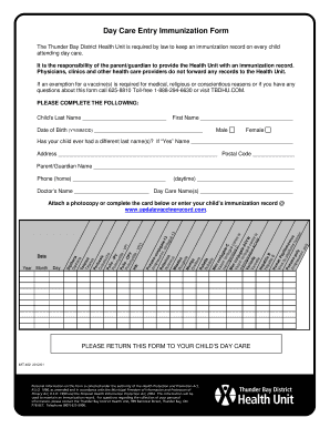Day Care Entry Immunization Form