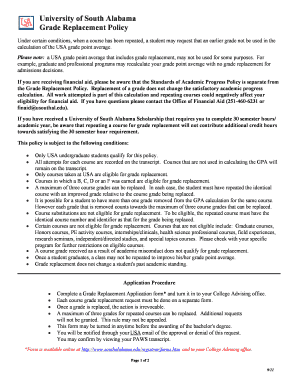 University of South Alabama Grade Replacement Application