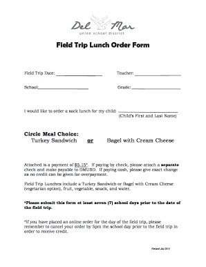 Field Trip Lunch Order Form