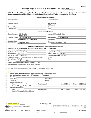 Pennsylvania Rental Application for Represented Tenants