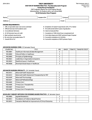 TROY UNIVERSITY 20142015 TROY Publication 384311 Created 3/2014 Page 1 of 2 DOCTOR OF NURSING PRACTICE Post Baccalaureate Program Family Nurse Practitioner DNP Graduate Degree Plan and Progress Record (Advising Note: For students with a - -