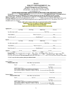 Consumer History Application & Receipt for Advance Costs