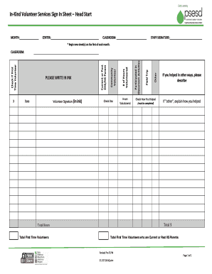 In-Kind Volunteer Services Sign In Sheet