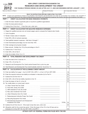 New Jersey Corporation Business Tax Form 306