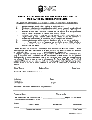 Parent Physician Request for Medication Administration by School Personnel