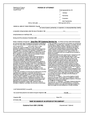 US Customs Power of Attorney Form 5291