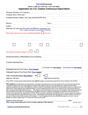 U.S. Custom Continuous Import Bond Application