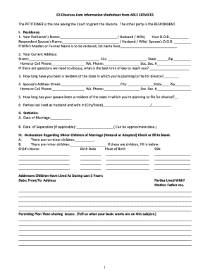 Florida Divorce Information Worksheet