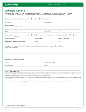 Work & Travel in Australia/New Zealand Application Form