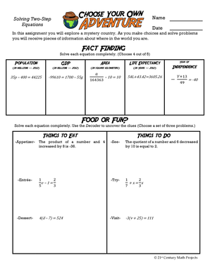 Two-Step Equations Math Assignment