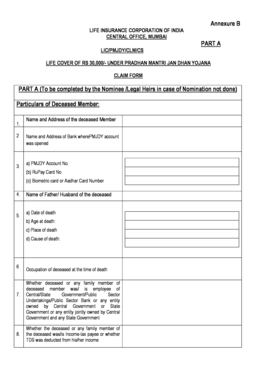 Pradhan Mantri Jan Dhan Yojana Life Cover Claim Form