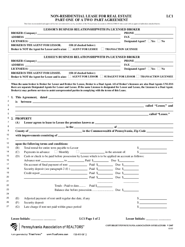 NON-RESIDENTIAL LEASE FOR REAL ESTATE LC1 PART ONE OFA TWO Preview on Page 1