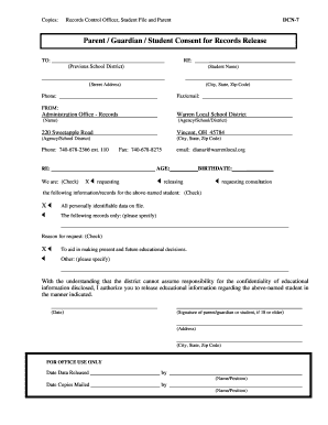 Parent Guardian Student Consent for Records Release