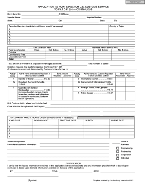 US Customs Service Continuous Bond Application