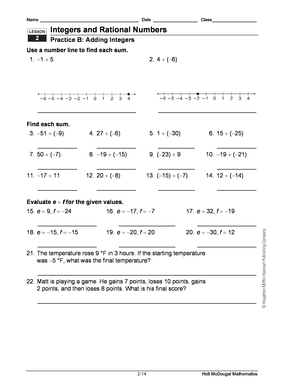 Integers and Rational Numbers Worksheet