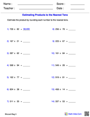 Estimating Products to the Nearest Tens Worksheet