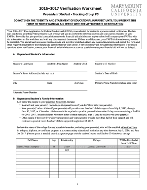 2016–2017 Verification Worksheet