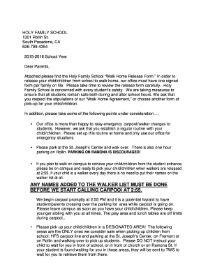 Fillable Online school holyfamily Walk Home Release form Letterdoc ...